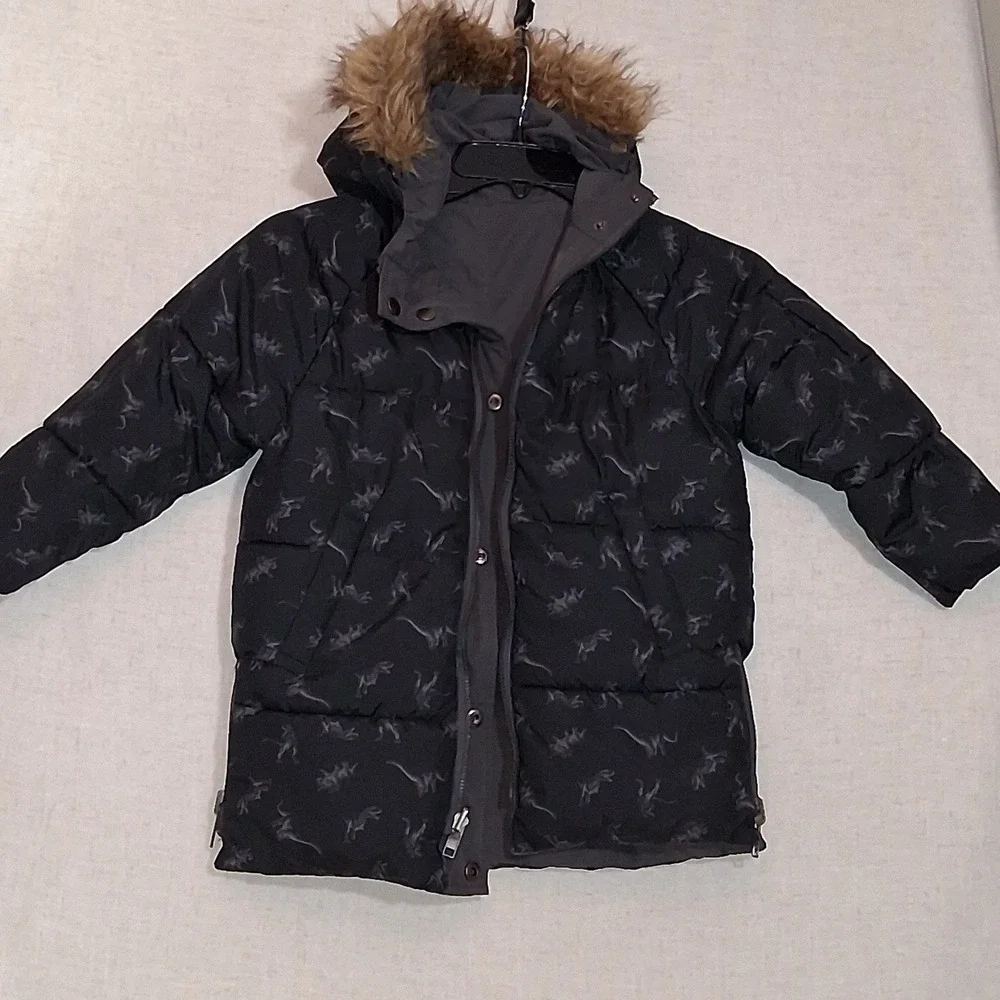 Dex Outerwear Kids Dinosaur Print Puffer Coat Faux Fur Hood Black Sz 4 Reversibe